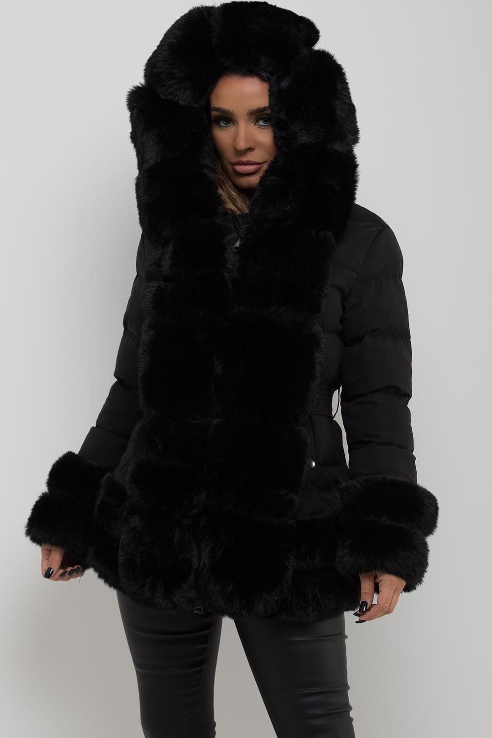Puffer Jacket with Fur Hood Cuff and Trim Black | Xtralitty