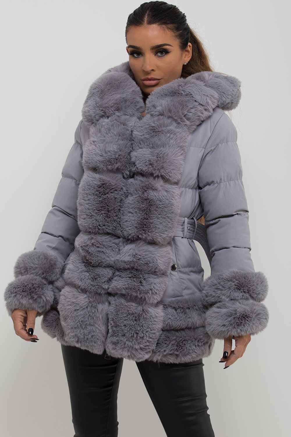 Puffer Jacket with Fur Hood Cuff and Trim Grey | Xtralitty