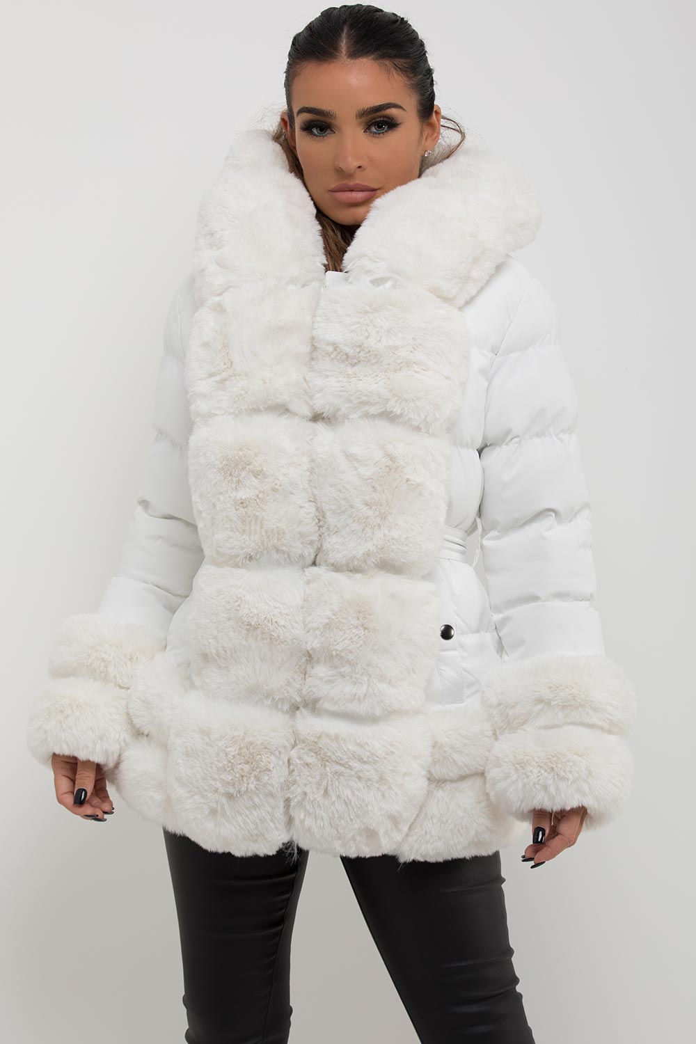 Puffer Jacket with Fur Hood Cuff and Trim White | Xtralitty