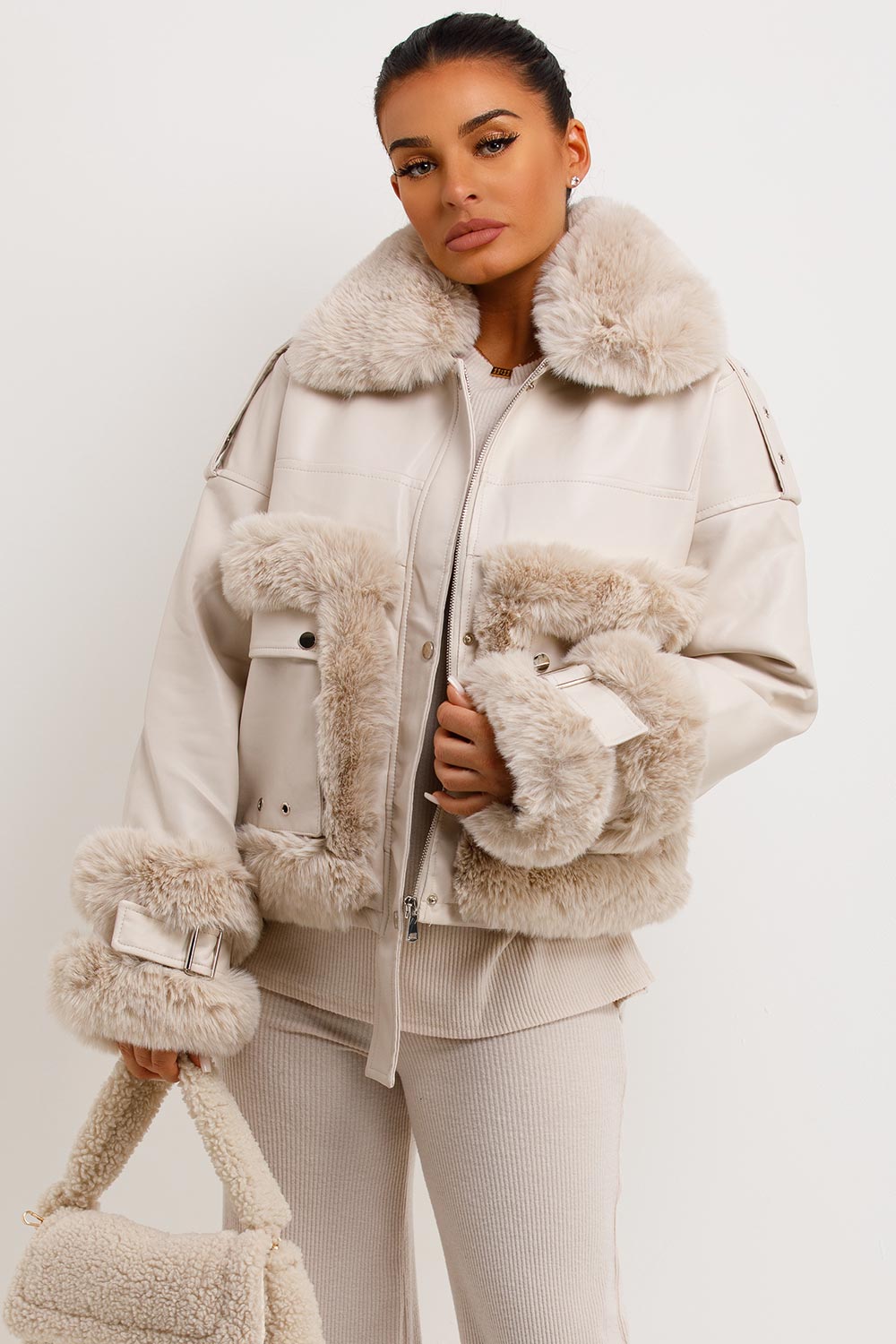 Faux Fur Trim Faux Leather Jacket Beige | Xtralitty