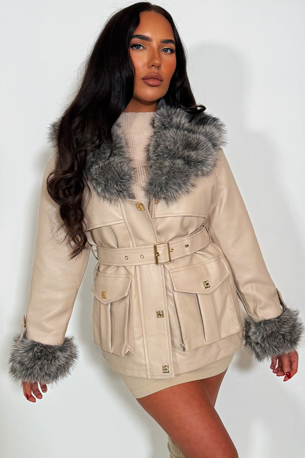 Faux Fur Collar and Cuff Faux Leather Jacket wit | Xtralitty