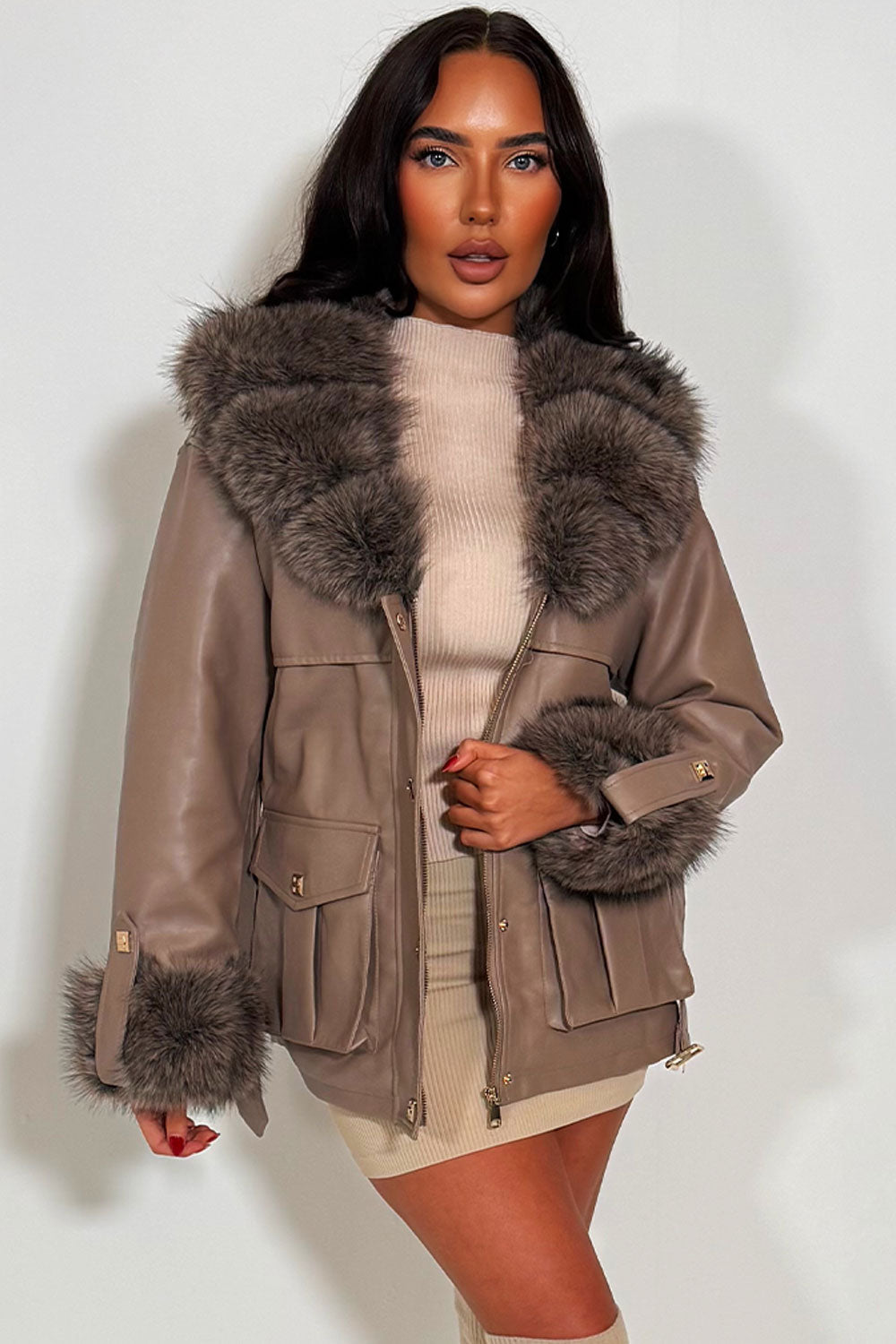 Faux Fur Collar and Cuff Faux Leather Jacket wit | Xtralitty