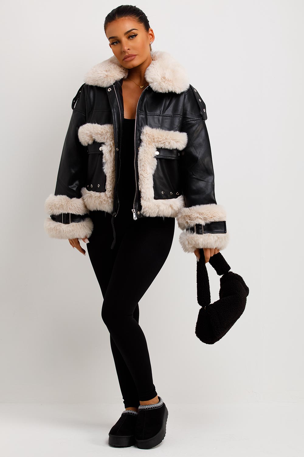 Faux Fur Trim Faux Leather Jacket Black | Xtralitty