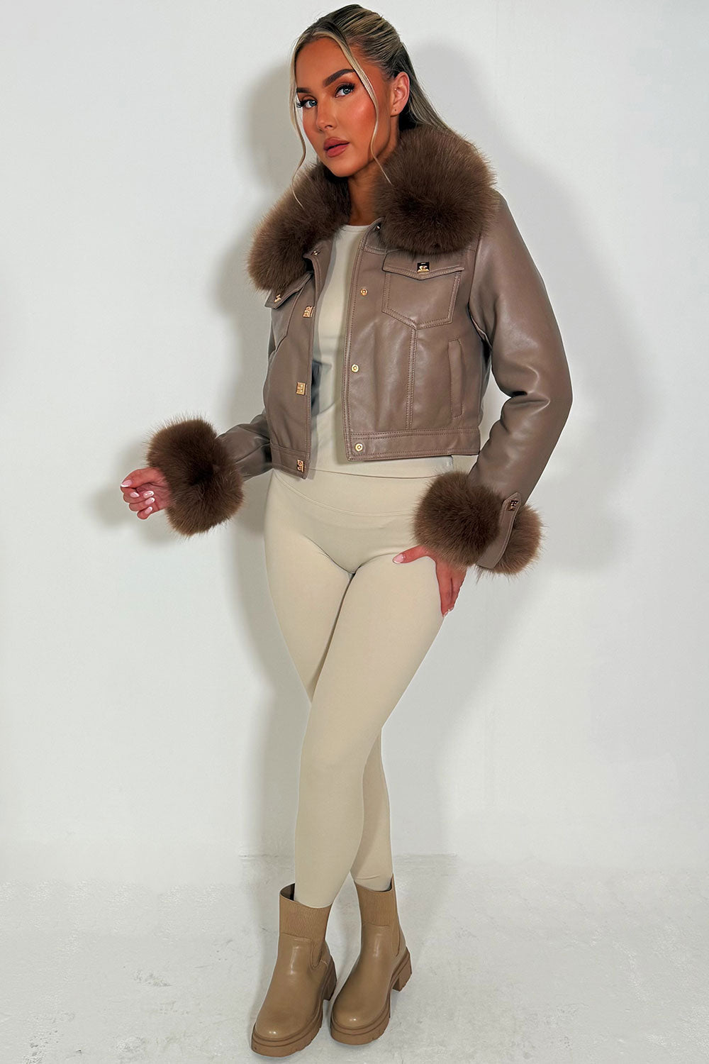 Taupe Faux Fur Faux Leather Bomber Jacket with G | Xtralitty