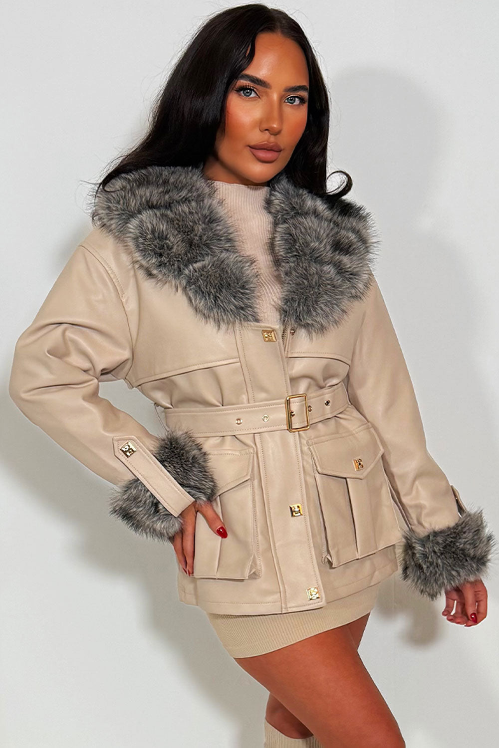 Faux Fur Collar and Cuff Faux Leather Jacket wit | Xtralitty