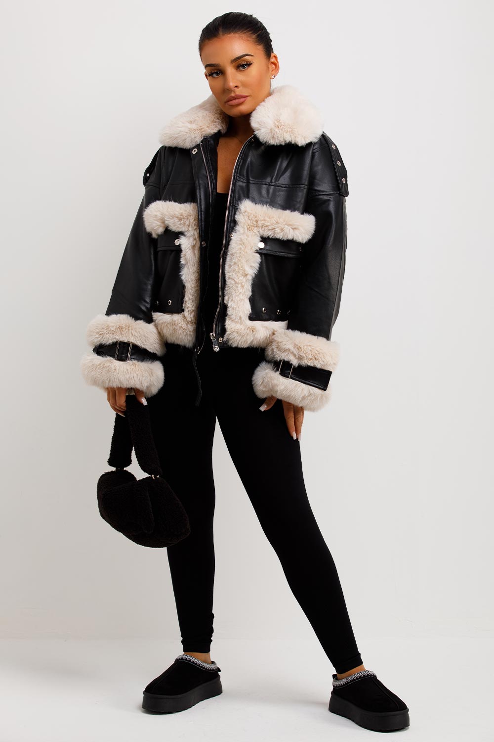 Faux Fur Trim Faux Leather Jacket Black | Xtralitty