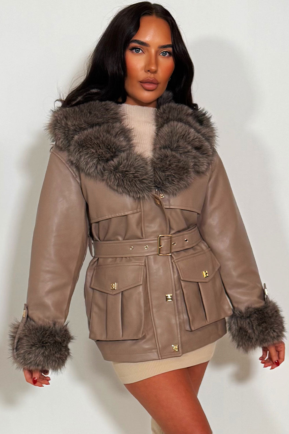 Faux Fur Collar and Cuff Faux Leather Jacket wit | Xtralitty