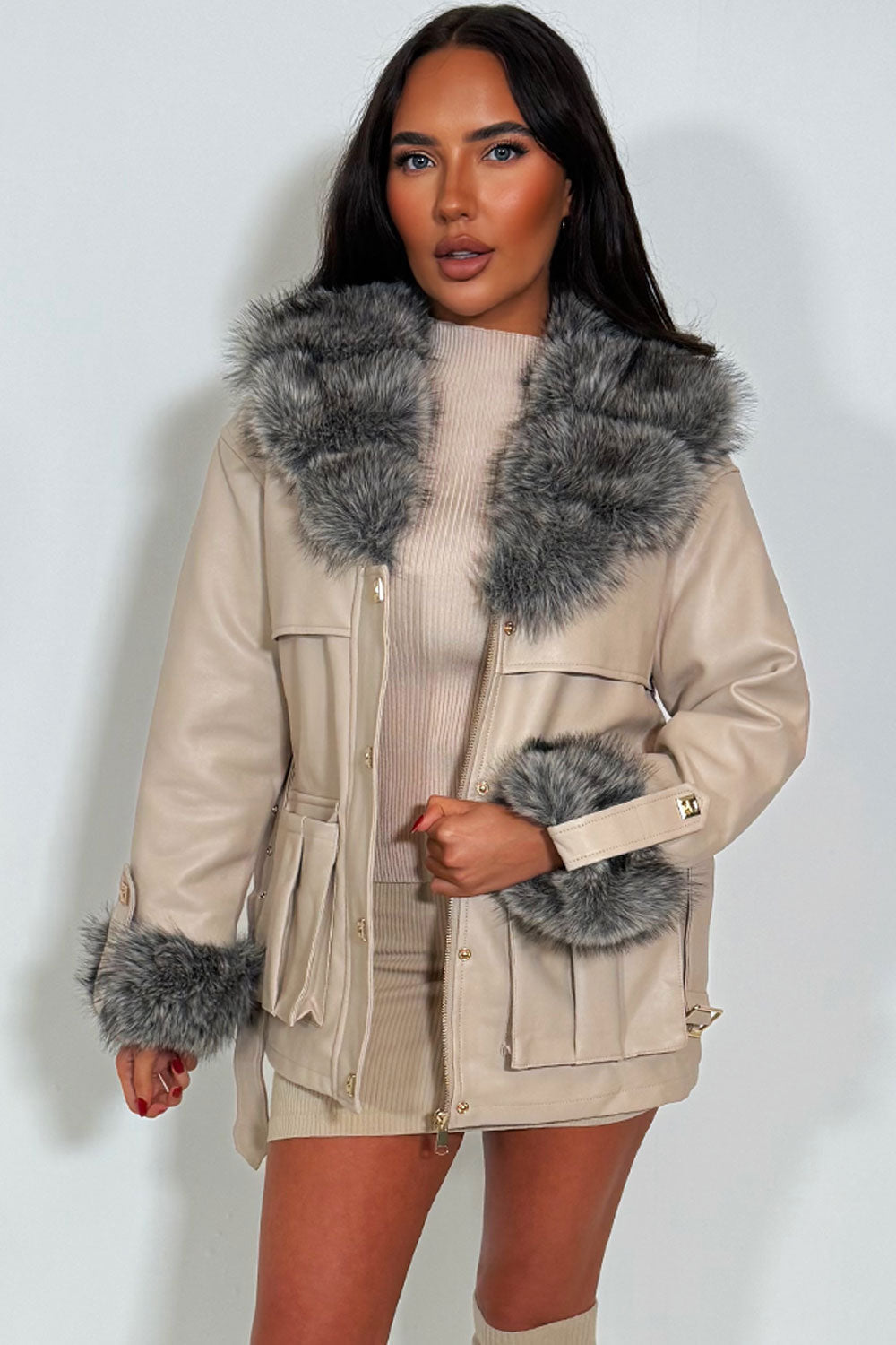 Faux Fur Collar and Cuff Faux Leather Jacket wit | Xtralitty