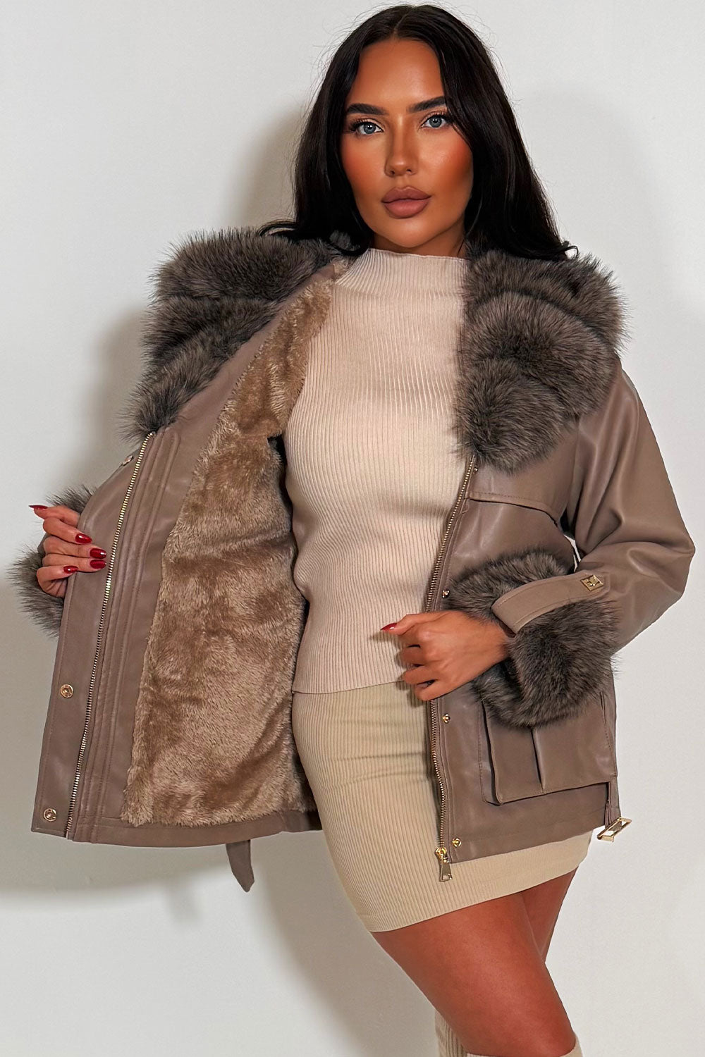Faux Fur Collar and Cuff Faux Leather Jacket wit | Xtralitty