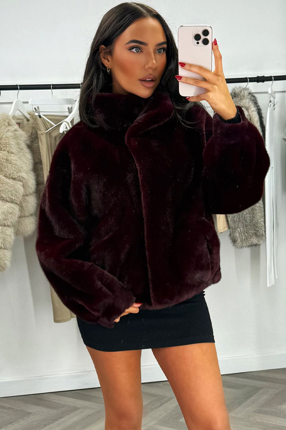Funnel Neck Faux Fur Jacket Burgundy | Xtralitty