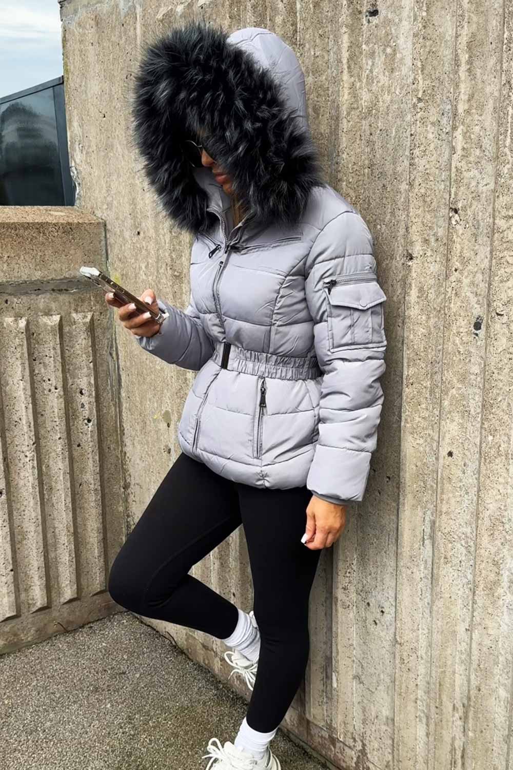 Grey Faux Fur Hooded Jacket with Belt | Xtralitty