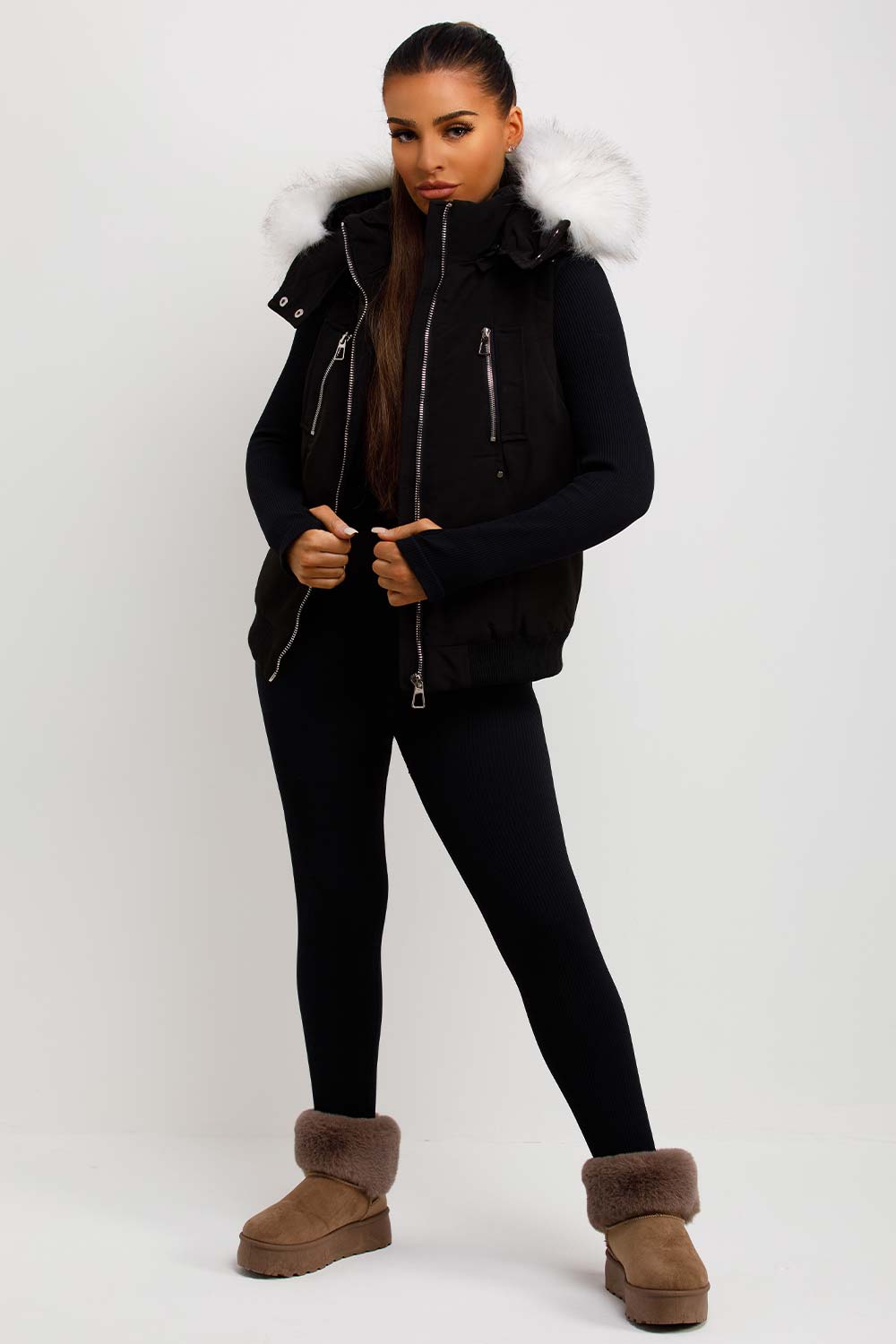Black Gilet with Faux Fur Hood | Xtralitty