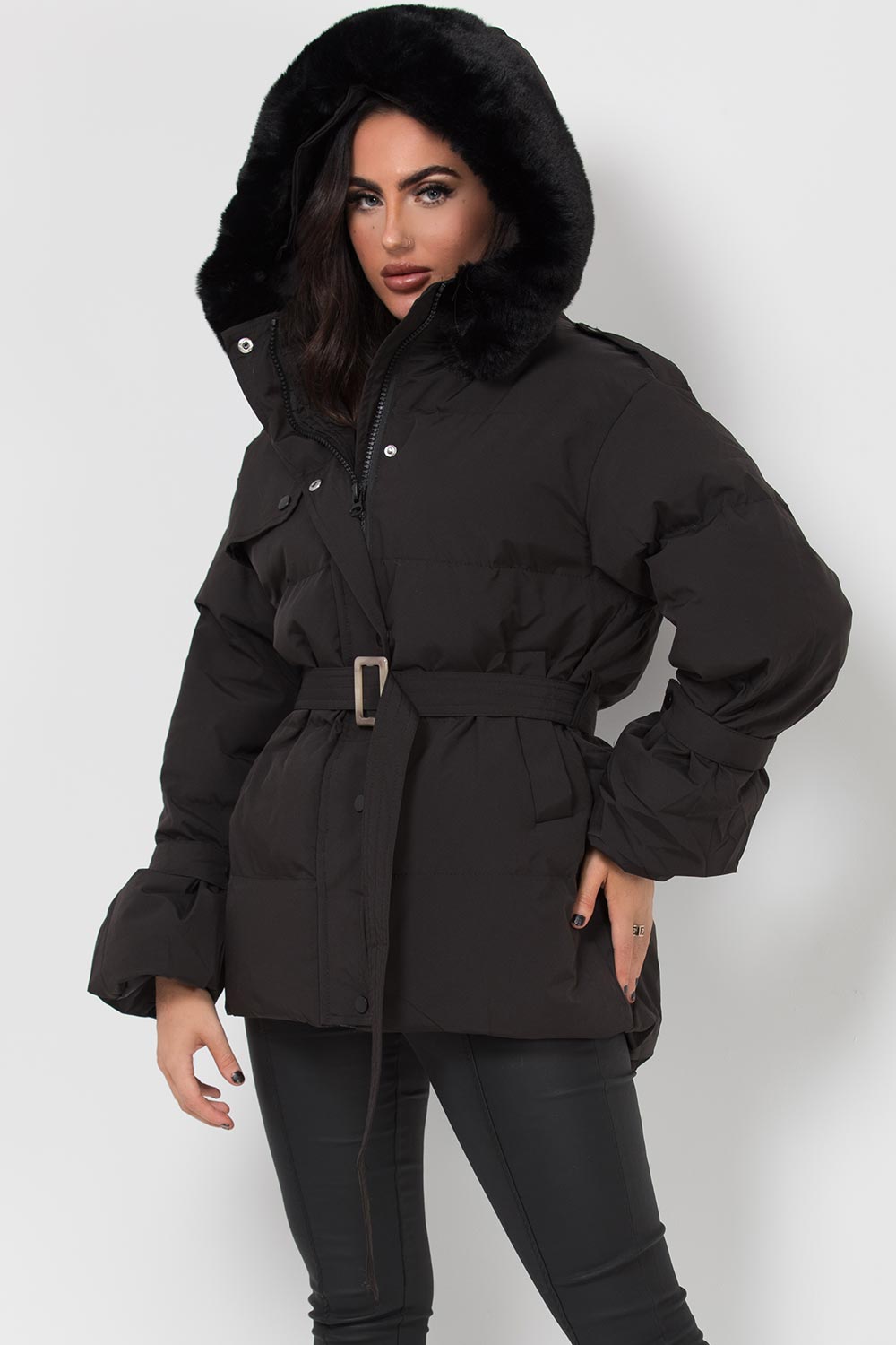 Black Puffer Padded Coat with Faux Fur Hood | Xtralitty