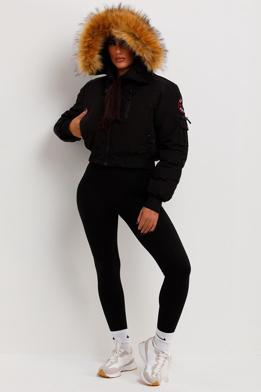Canada Crop Bomber Jacket with Fur Hood Black | Xtralitty