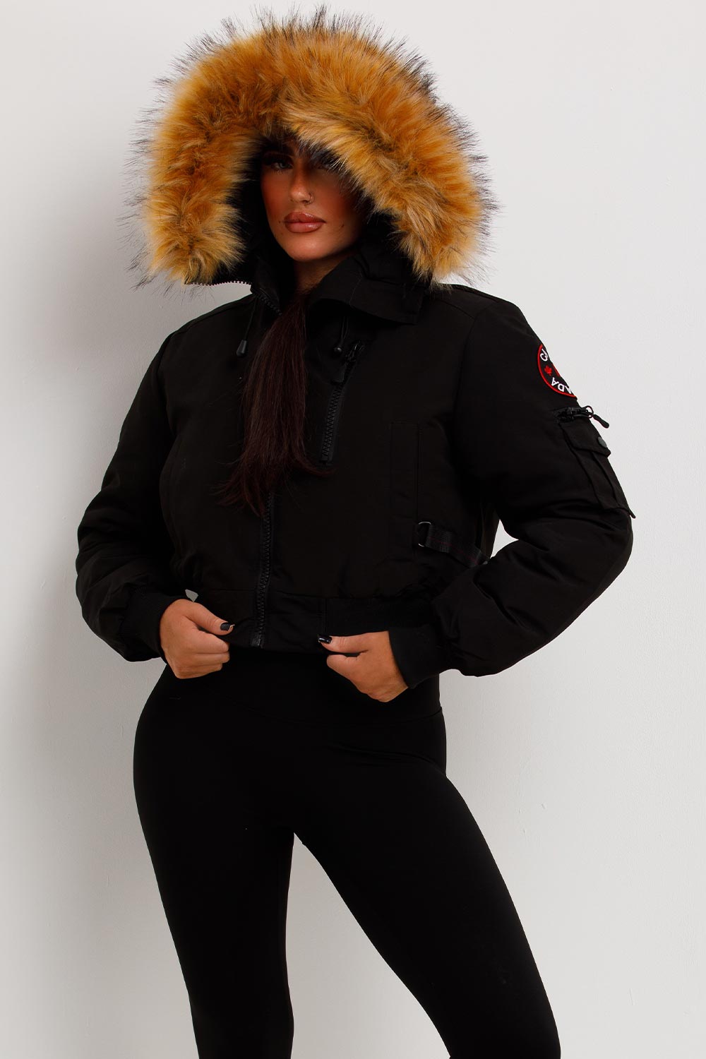Canada Crop Bomber Jacket with Fur Hood Black | Xtralitty