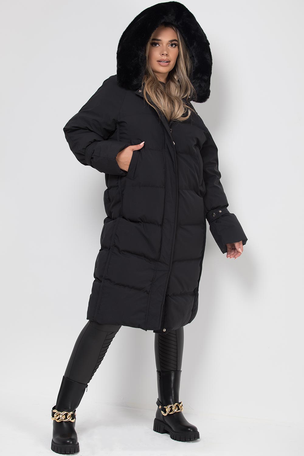 Long Puffer Down Coat with Faux Fur Hood Black | Xtralitty