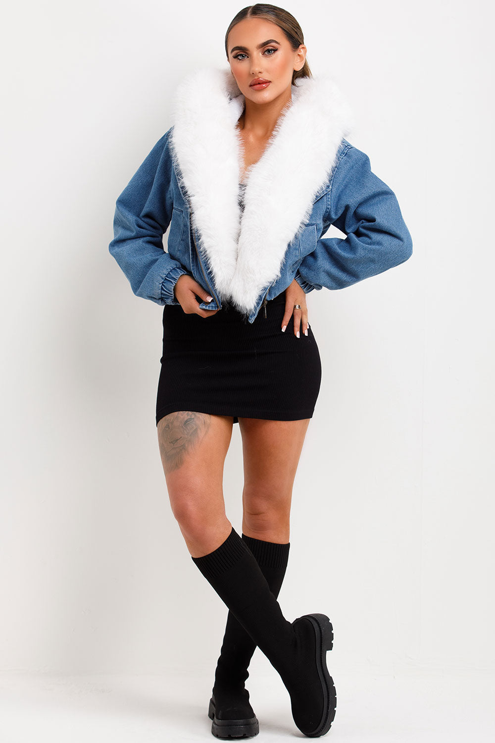 Denim Bomber Jacket with White Faux Fur Hood and | Xtralitty