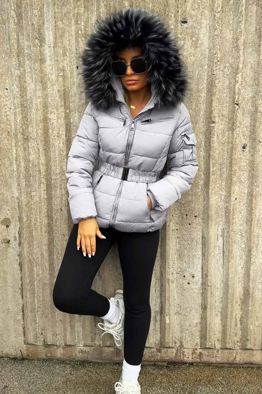 Grey Faux Fur Hooded Jacket with Belt | Xtralitty