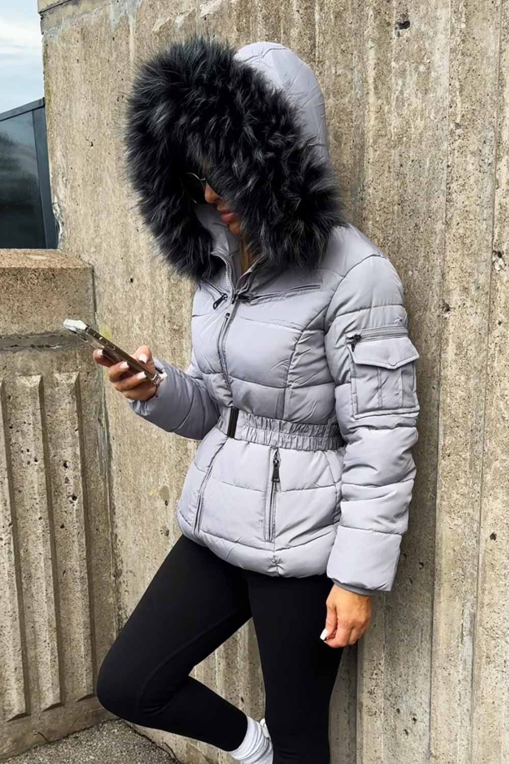 Grey Faux Fur Hooded Jacket with Belt | Xtralitty