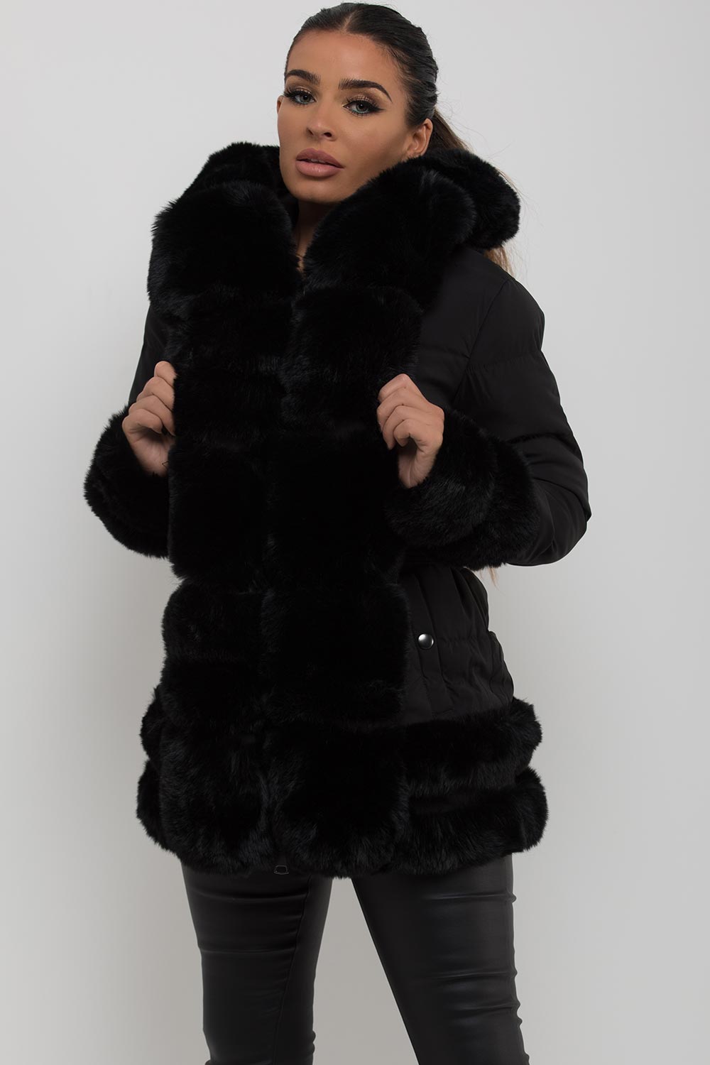 Puffer Jacket with Fur Hood Cuff and Trim Black | Xtralitty