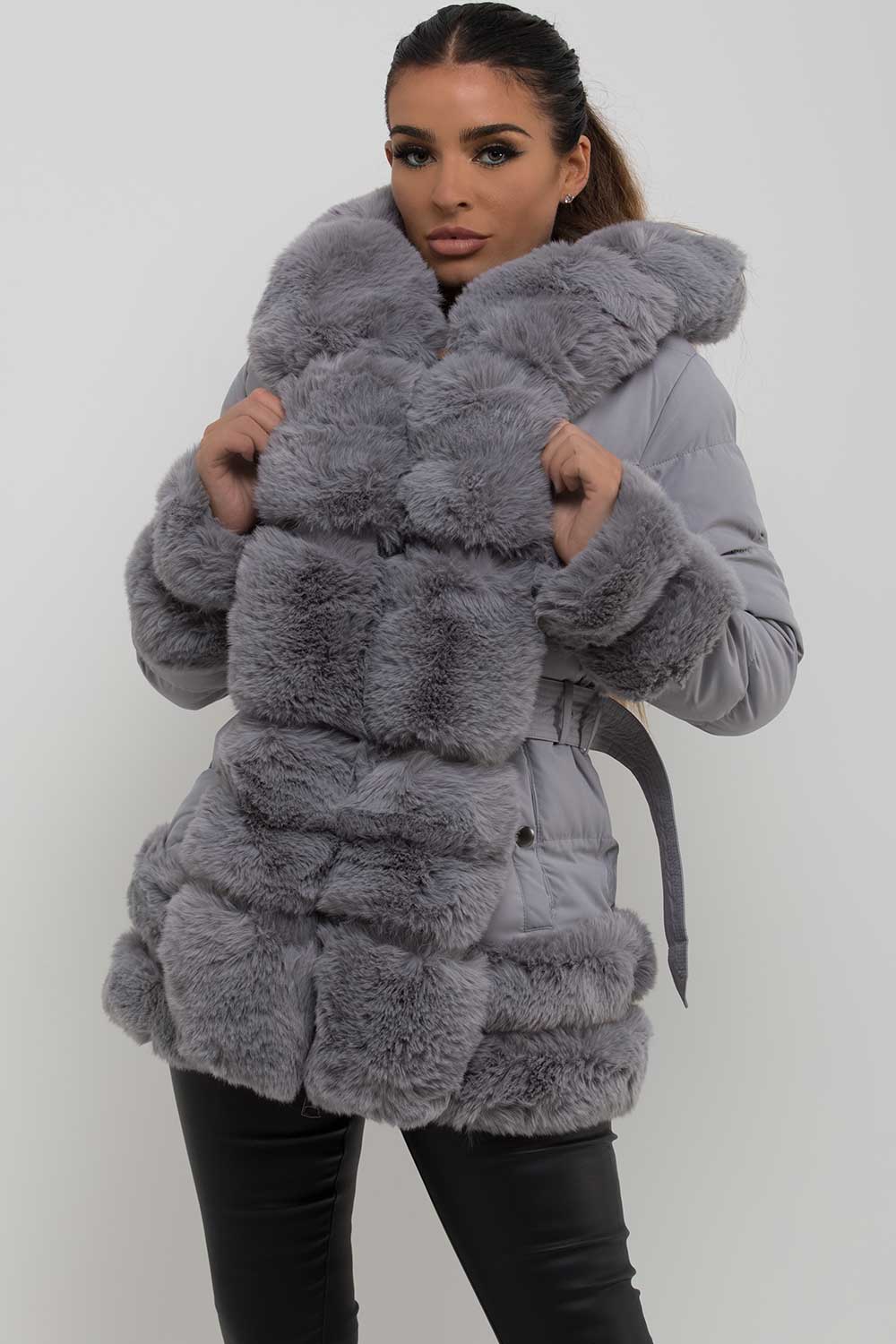 Puffer Jacket with Fur Hood Cuff and Trim Grey | Xtralitty