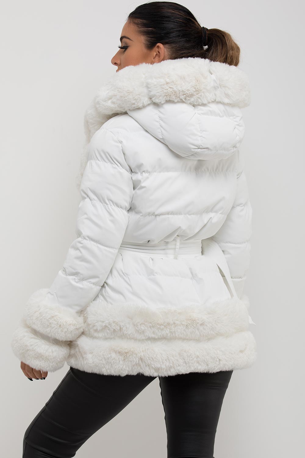 Puffer Jacket with Fur Hood Cuff and Trim White | Xtralitty