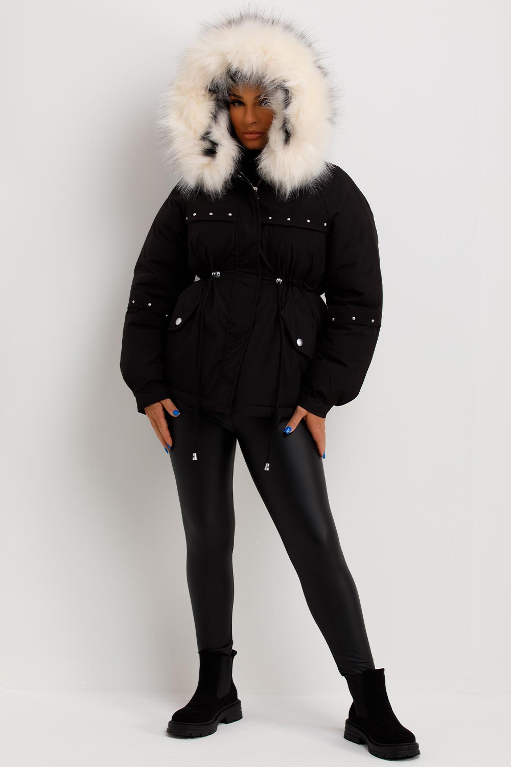 Black Coat with Faux Fur Hood and Drawstring Wai | Xtralitty