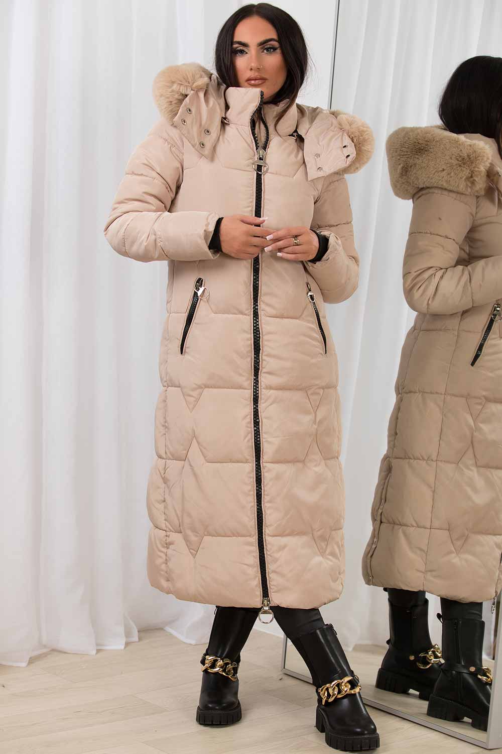Long Puffer Padded Coat with Faux Fur Hood Beige | Xtralitty