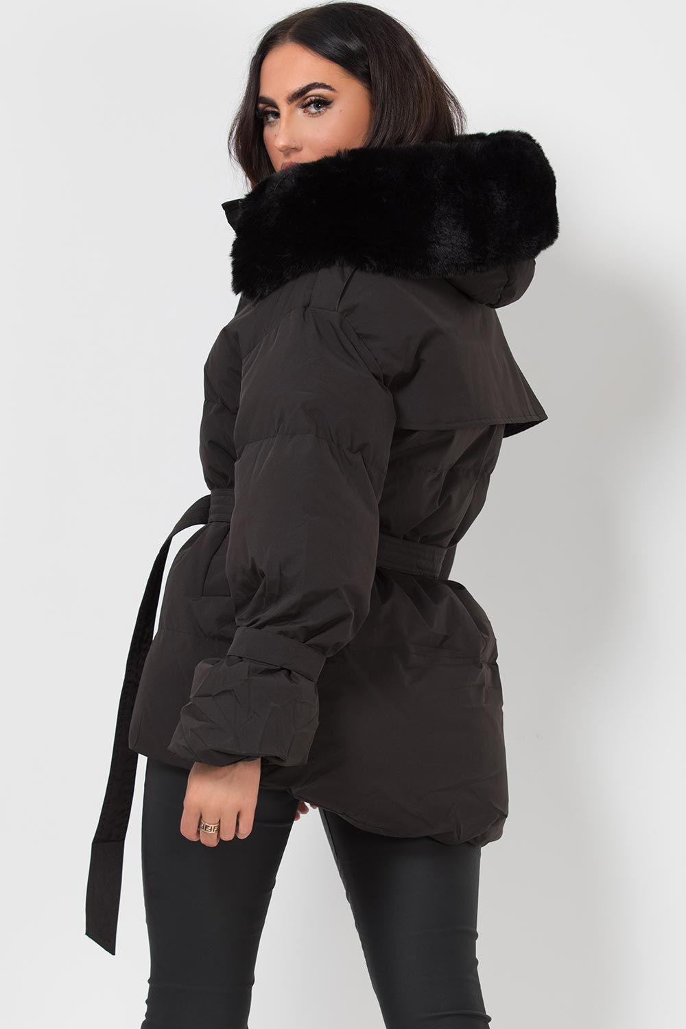 Black Puffer Padded Coat with Faux Fur Hood | Xtralitty