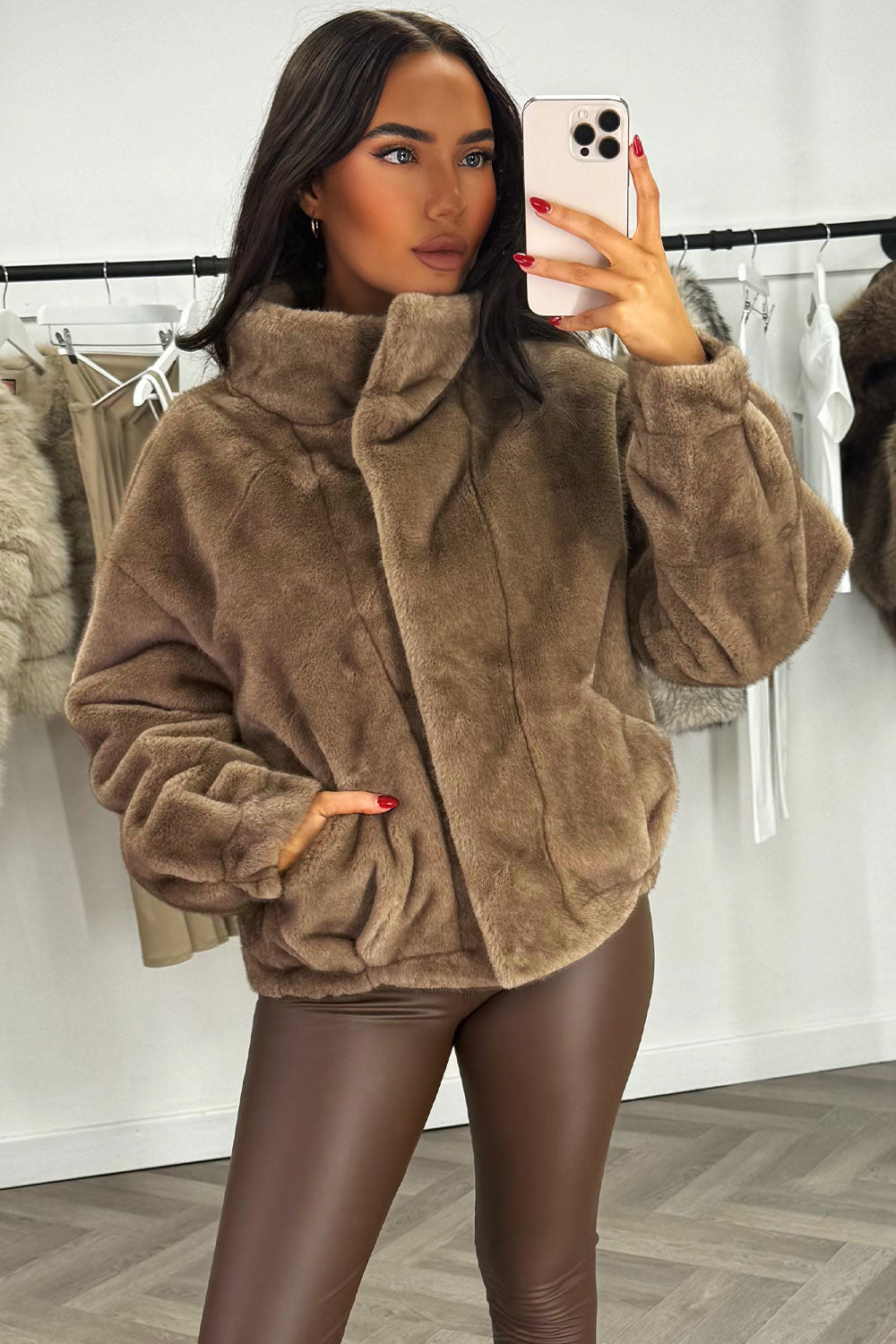 Funnel Neck Faux Fur Jacket Tan | Xtralitty
