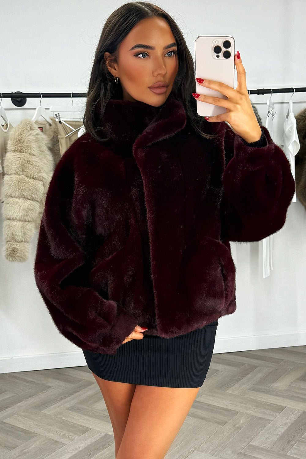 Funnel Neck Faux Fur Jacket Burgundy | Xtralitty
