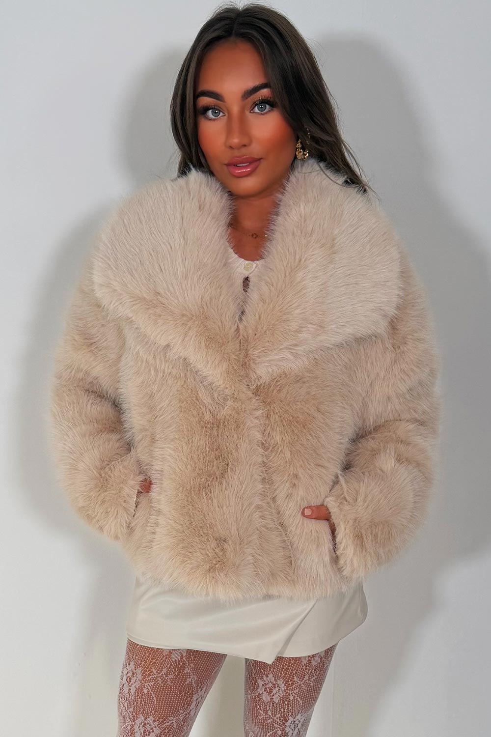 Faux Fur Jacket Collared Beige | Xtralitty