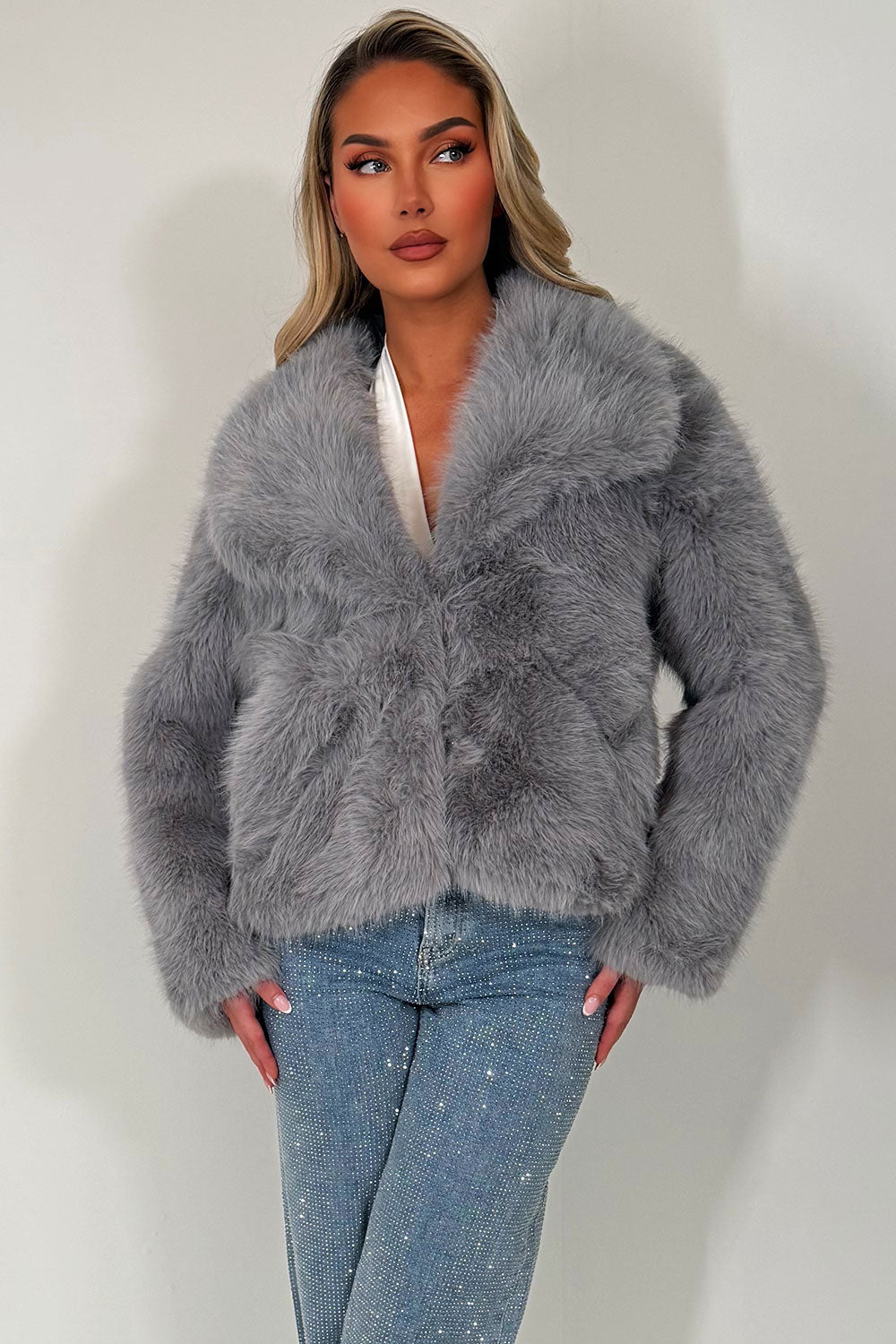 Faux Fur Jacket Collared Grey | Xtralitty