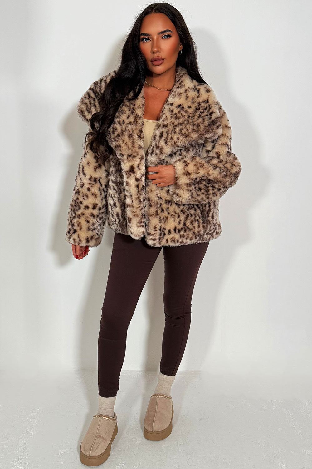 Faux Fur Jacket in Beige Leopard Print | Xtralitty