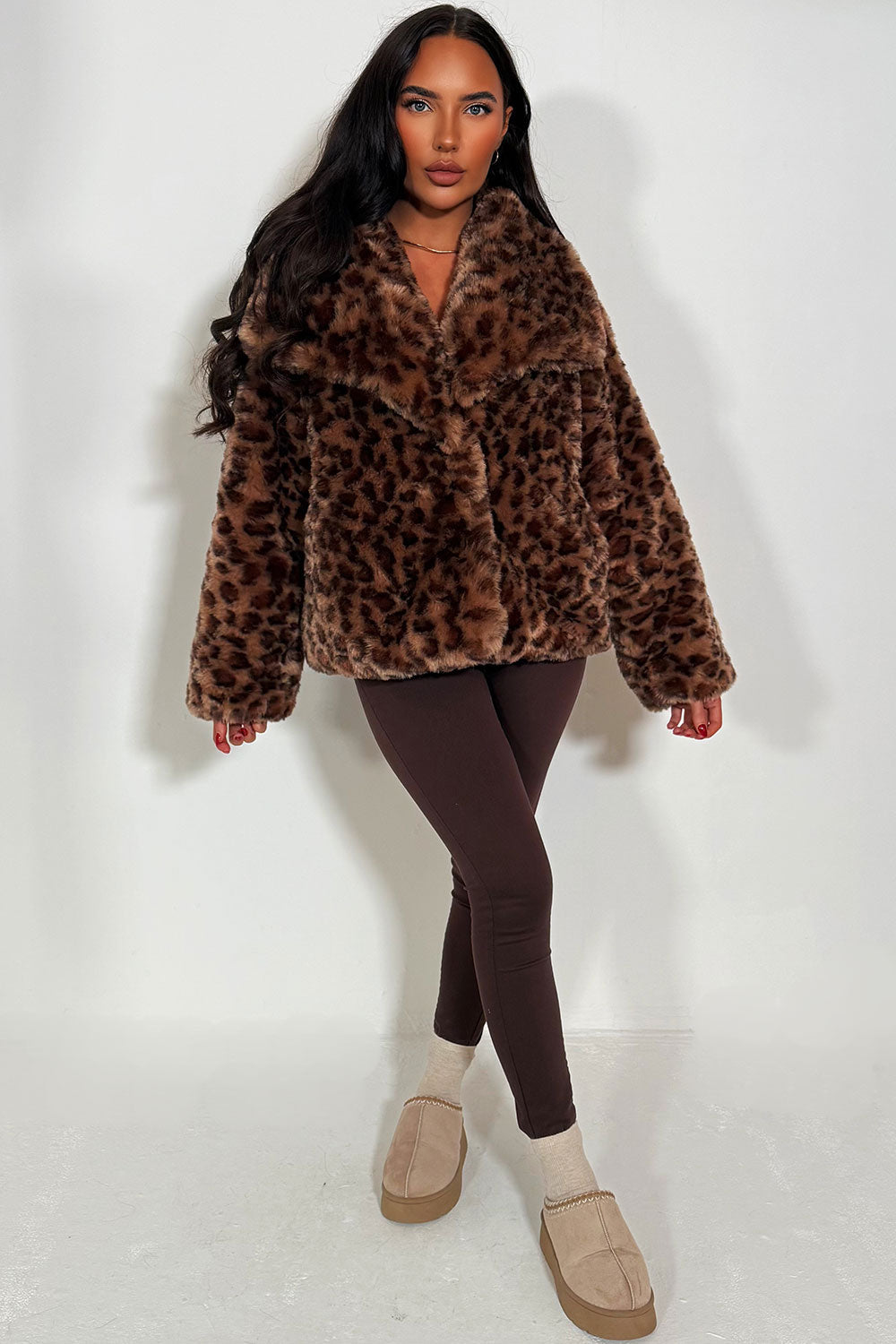 Faux Fur Jacket in Tan Leopard Print | Xtralitty