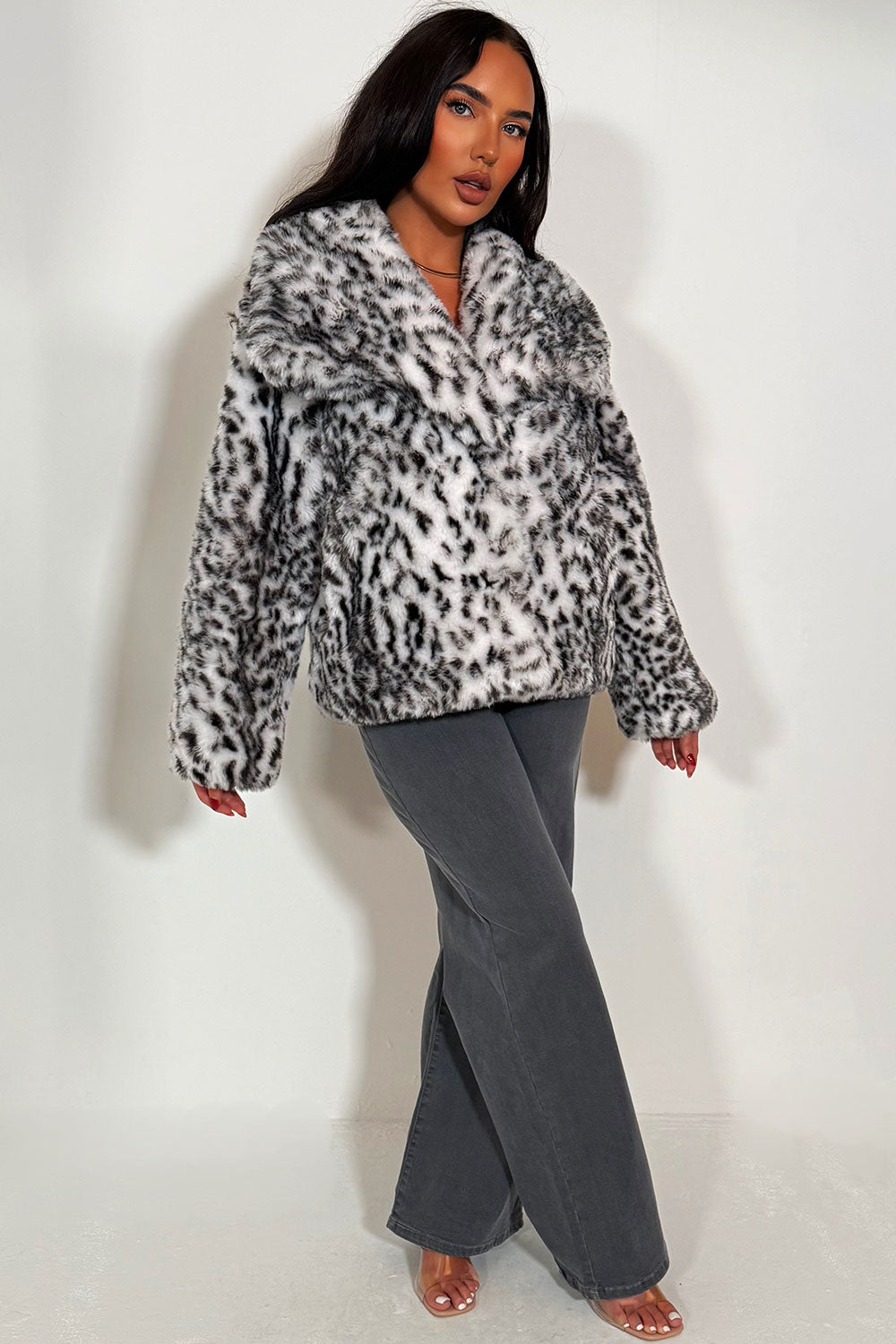 Faux Fur Jacket in White Leopard Print | Xtralitty