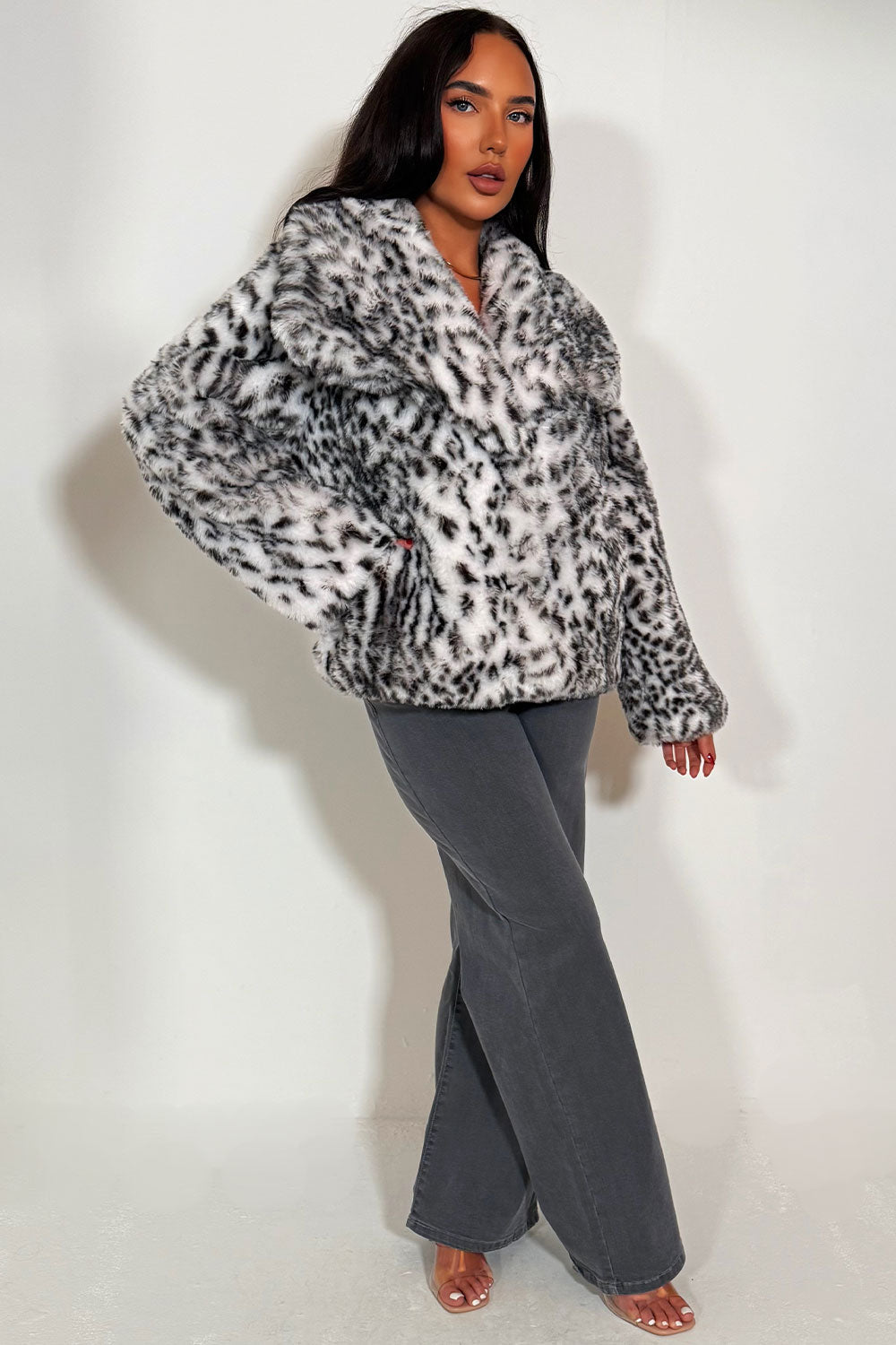 Faux Fur Jacket in White Leopard Print | Xtralitty