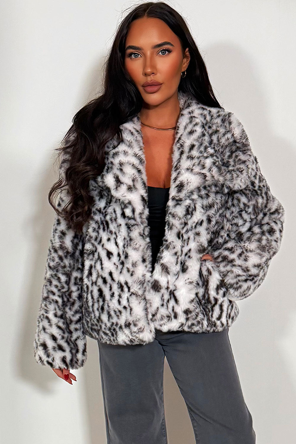 Faux Fur Jacket in White Leopard Print | Xtralitty