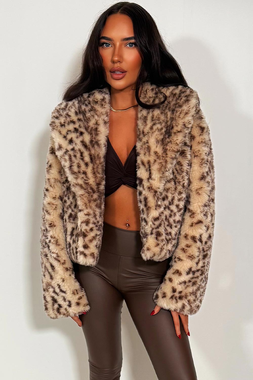 Shorts Faux Fur Jacket in Beige Leopard Print | Xtralitty