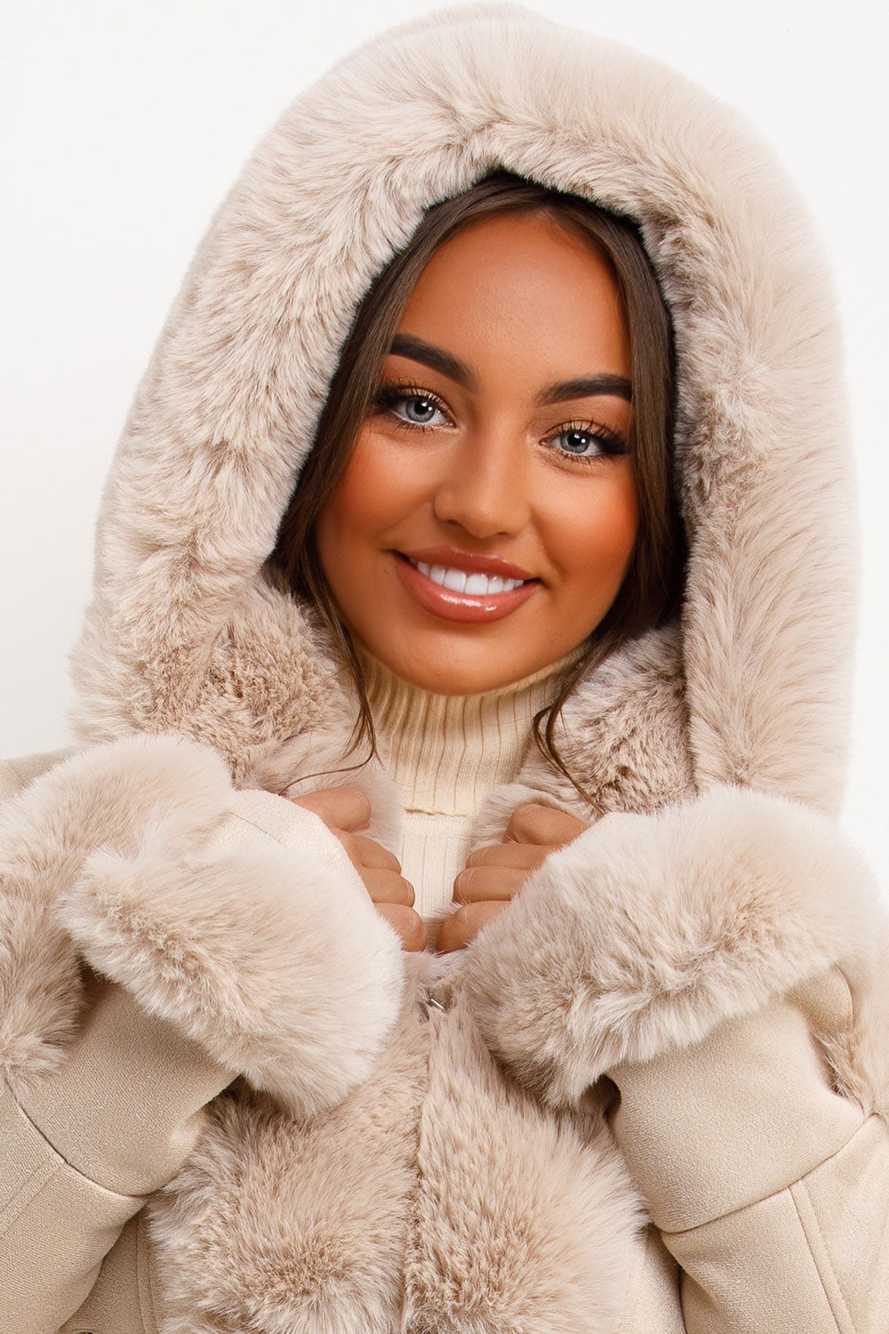 Faux Fur Faux Suede Jacket with Belt Beige | Xtralitty