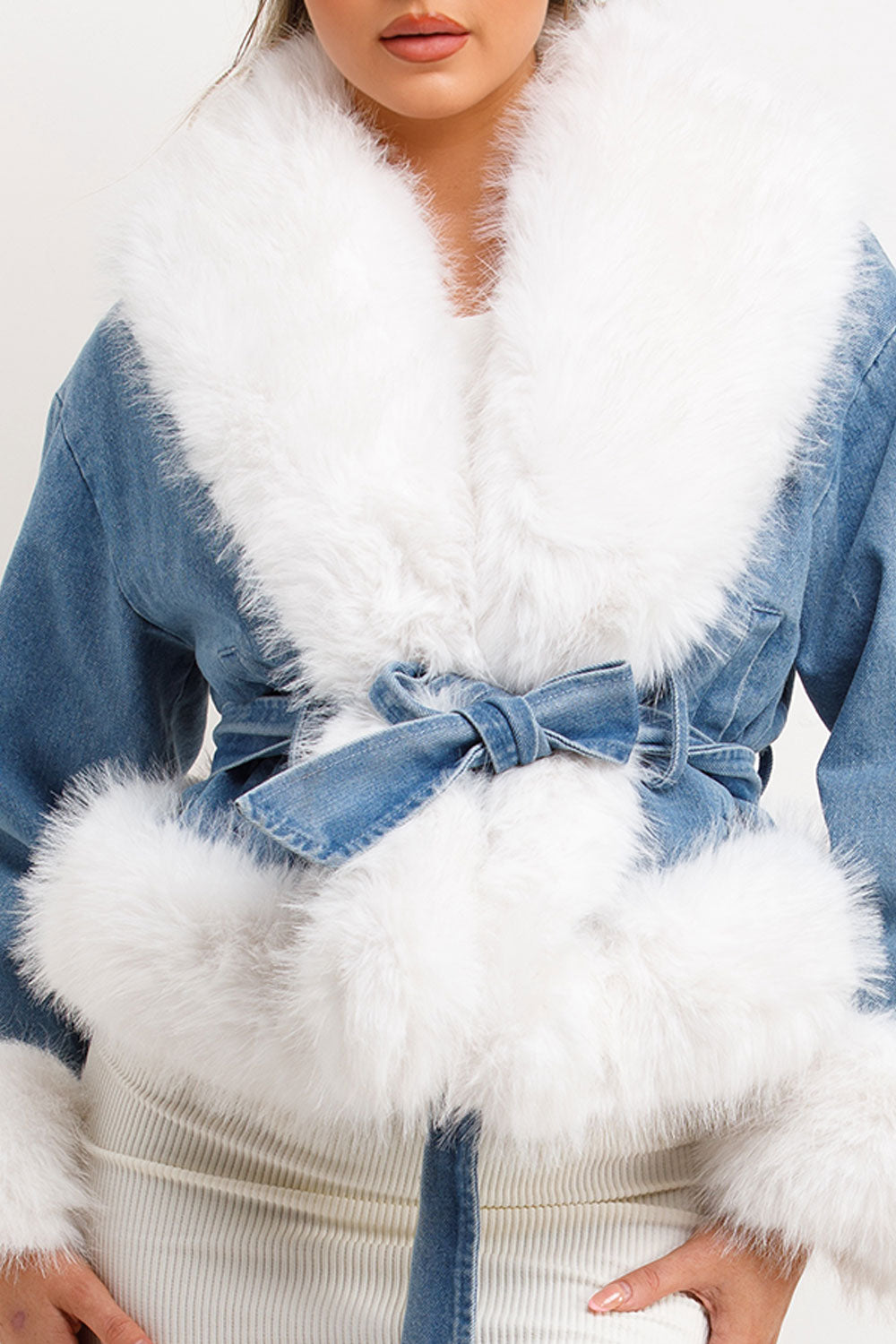White Fur Denim Jacket with Belt | Xtralitty