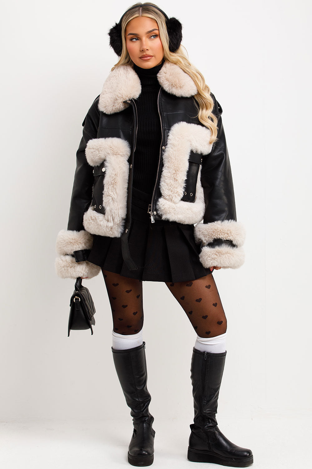 Faux Fur Trim Faux Leather Jacket Black | Xtralitty