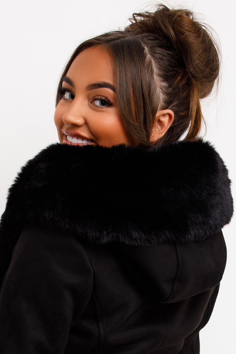 Faux Fur Faux Suede Jacket with Belt Black | Xtralitty