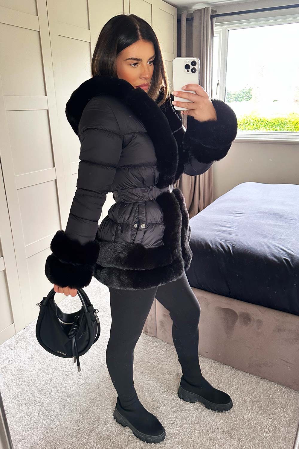 Faux Fur Trim Puffer Hooded Down Jacket with Bel | Xtralitty