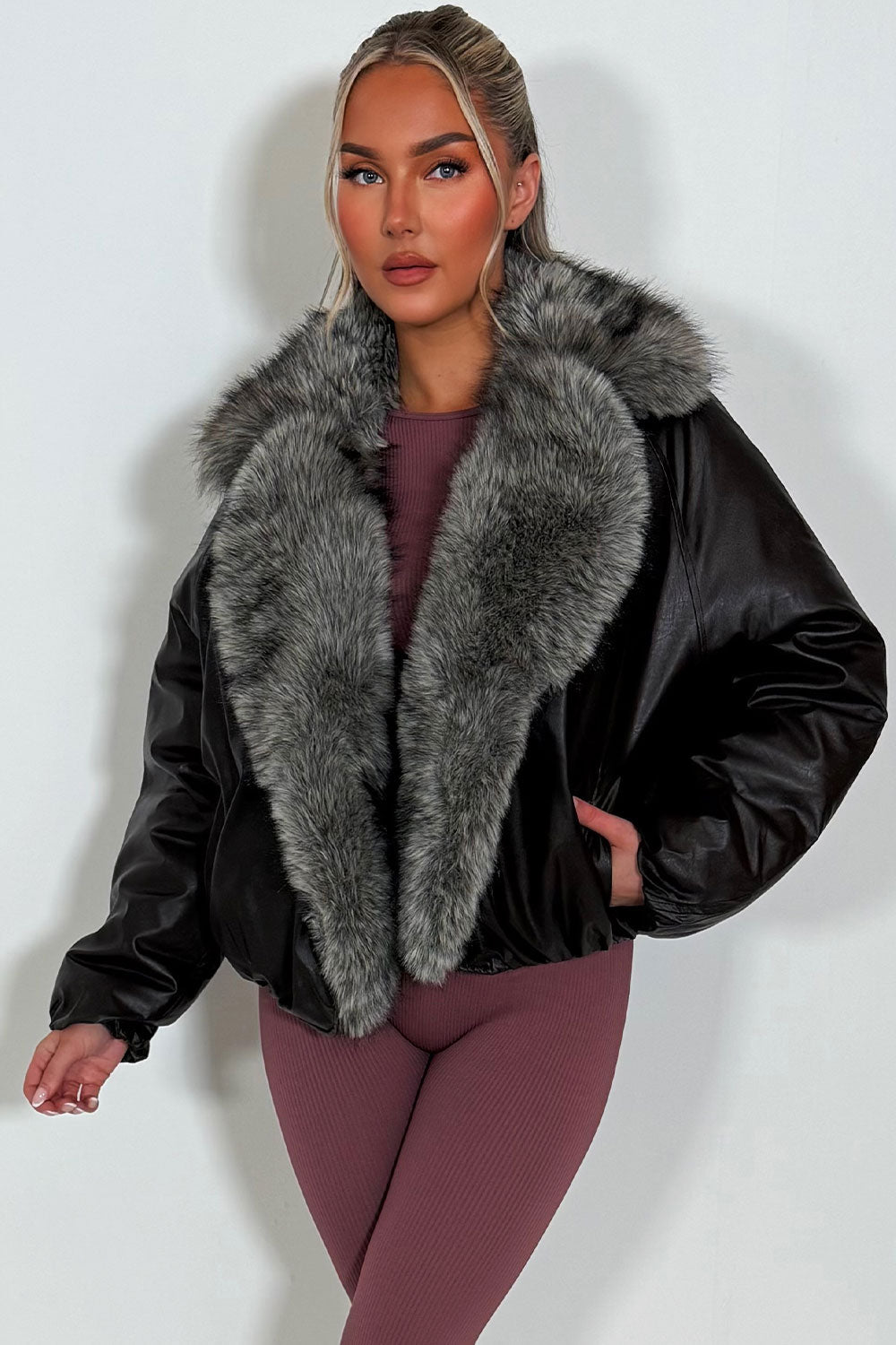 Brown Bomber Jacket with Faux Fur Collar and Tri | Xtralitty