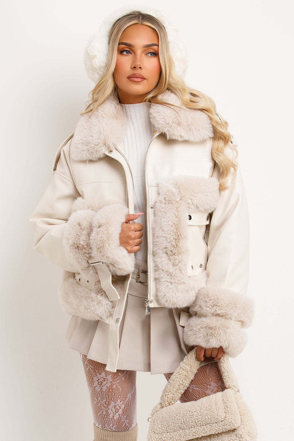 Faux Fur Trim Faux Leather Jacket Beige | Xtralitty