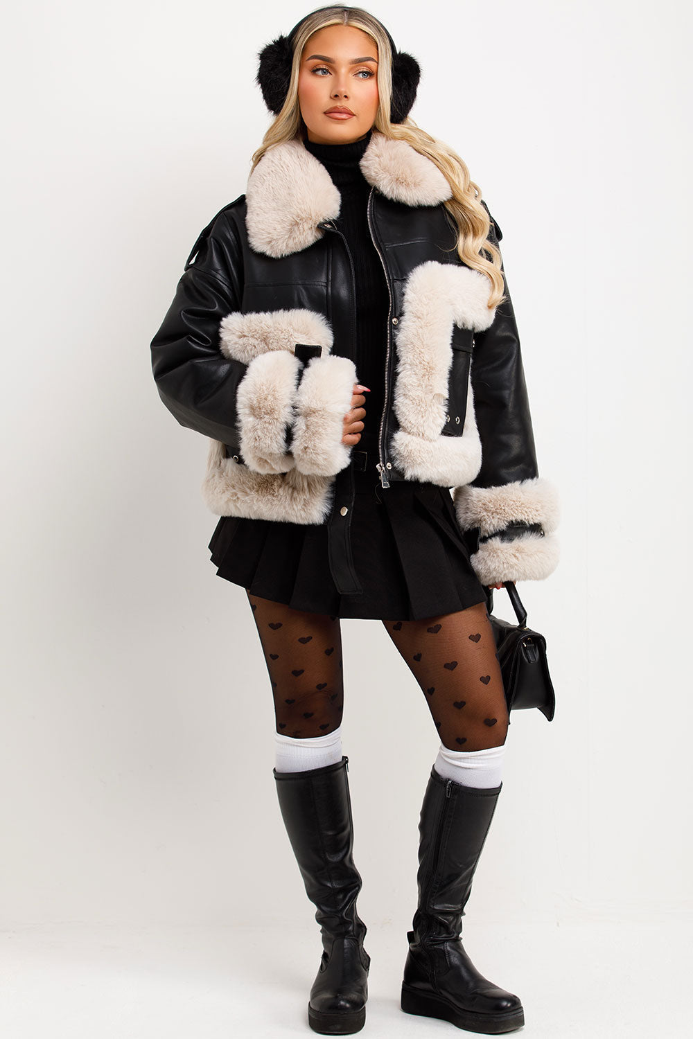 Faux Fur Trim Faux Leather Jacket Black | Xtralitty