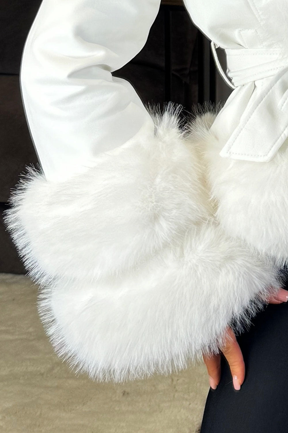 Faux Leather Fur Coat with Hood and Belt White | Xtralitty