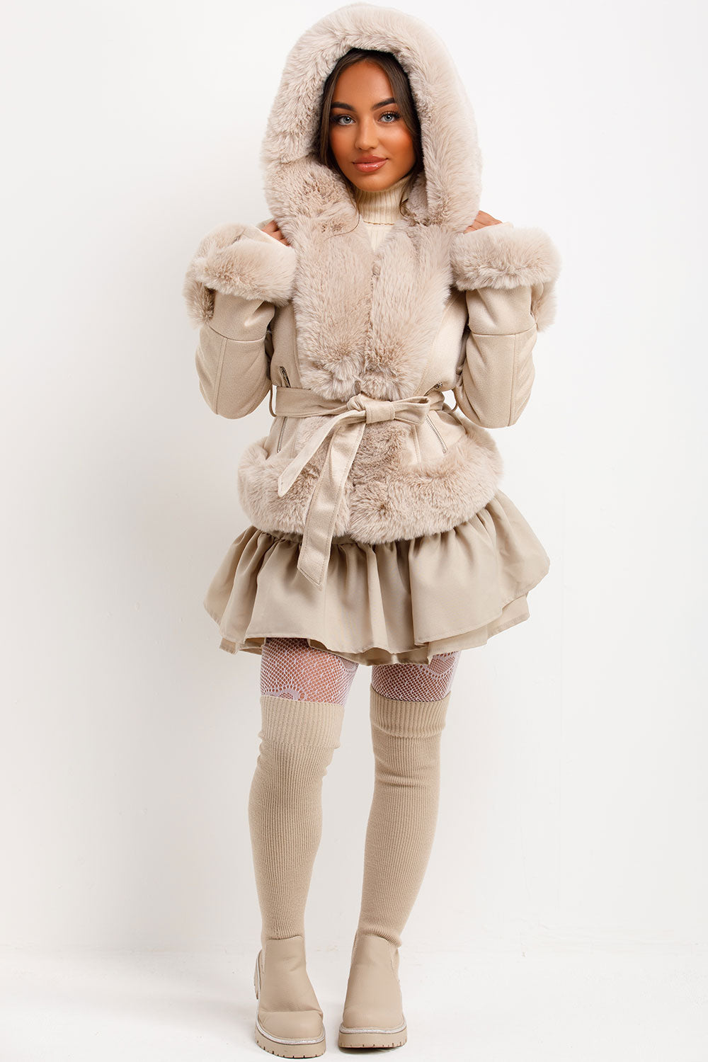 Faux Fur Faux Suede Jacket with Belt Beige | Xtralitty