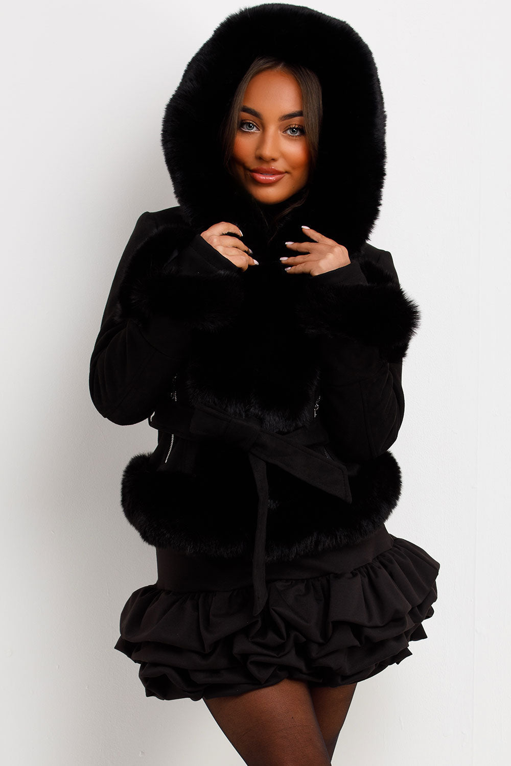 Faux Fur Faux Suede Jacket with Belt Black | Xtralitty